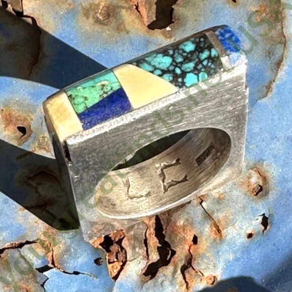Vintage Sterling Silver Turquoise Inlay Square Ring Navajo Larry Castillo 7.5 - Picture 13 of 13